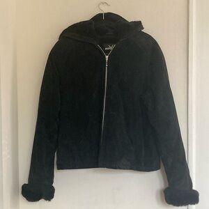 VTG 90s Wilsons Leather Fuzzy Hooded Suede Coat Size 2X Soft Grunge Whimsigoth